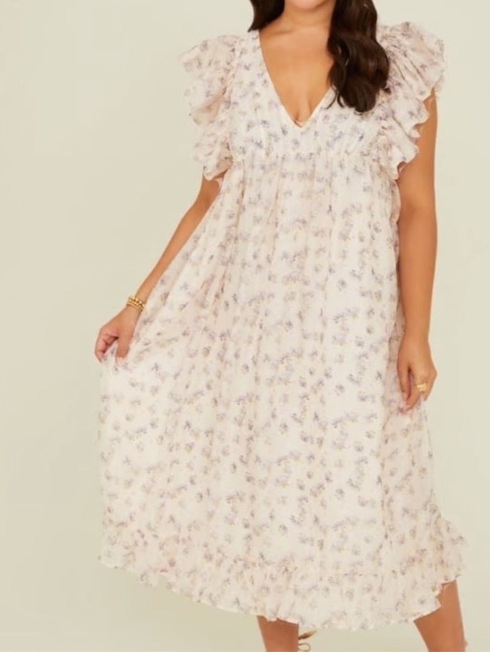 Arula Cream & Purple Floral Ruffle  Midi Dress Size 0X Feminine Cottagecore